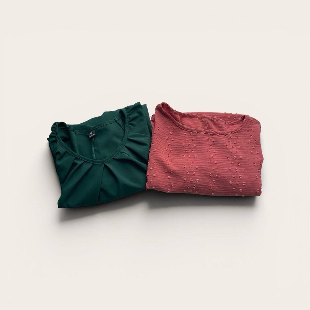 Women’s 1X Blouse Lot Green Pleated + Coral Textured Top Plus Size